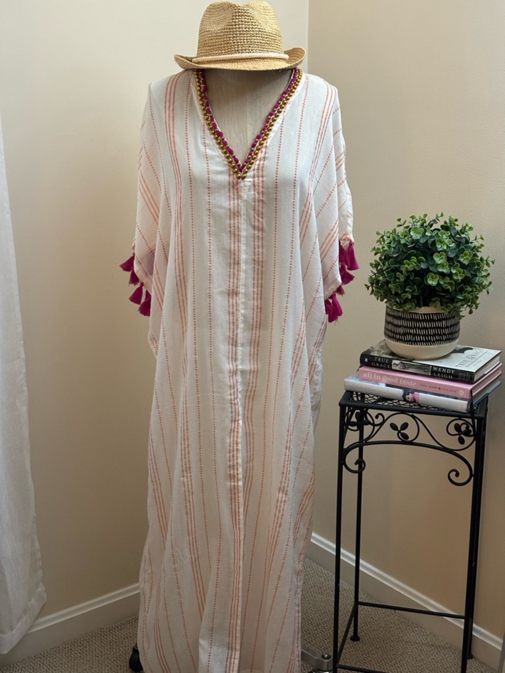 Trina Turk Maxi Coverup with Magenta Tassel Trim